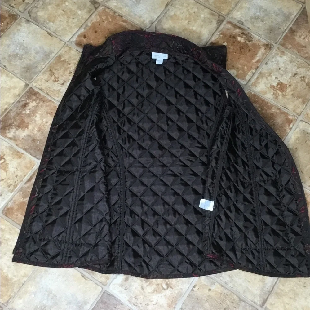 J Jill Black & Burgundy Paisley Quilted Fall Winter Spring Zip Up Vest XSP